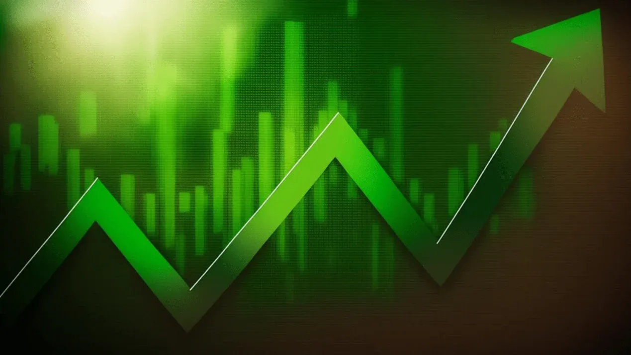 Green chart with upward arrow showing bullish market trend and rising bar graph background