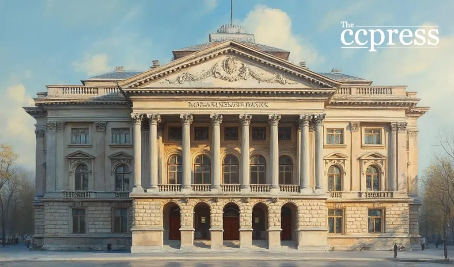 Front view of Hungary’s Central Bank building under clear skies