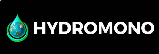 HYDROMONO logo featuring a water droplet encapsulating the Earth on a black background