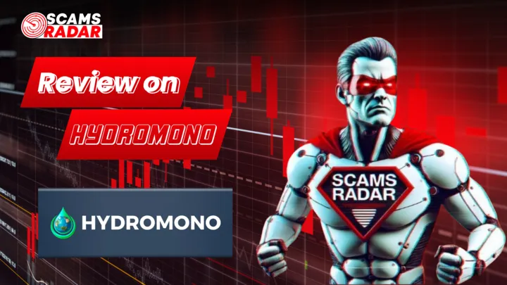 Cover image for Hydromono scam review with superhero figure, red graph background, and ScamsRadar logo