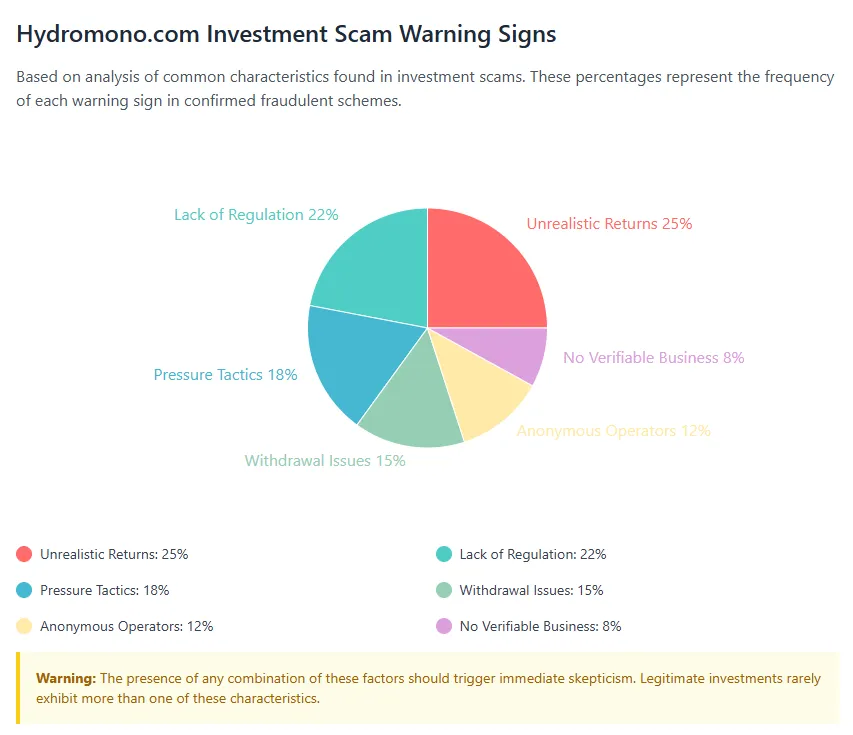 Pie chart showing warning signs of Hydromono investment scam including unrealistic returns, lack of regulation, and anonymous operators