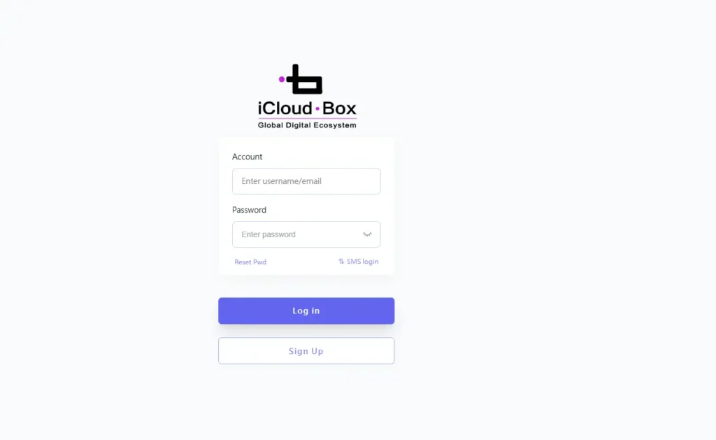 iCloud Box - Login page of iCloud Box Global Digital Ecosystem with username, password, and sign-up options.