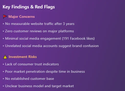 Key Findings and Red Flags - Major concerns like low website traffic and zero customer reviews, and investment risks for HashTrendz