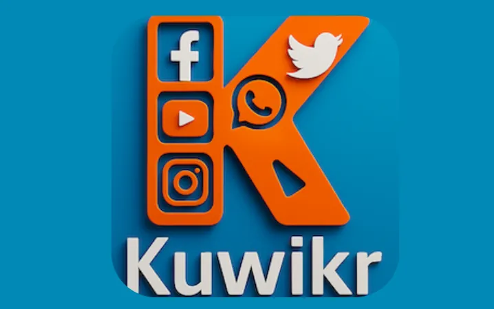 Kuwikr app icon featuring bold orange K and icons for Facebook, Twitter, YouTube, Instagram, and WhatsApp