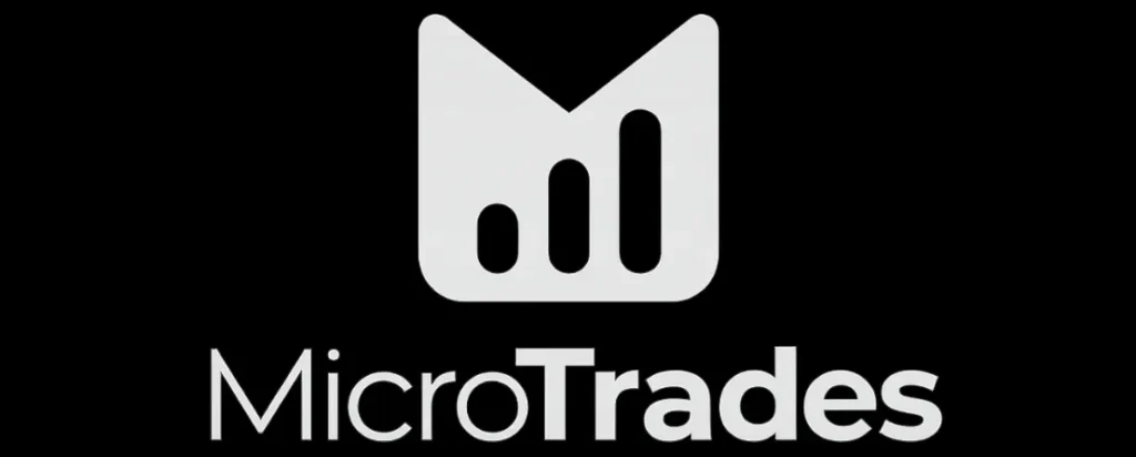 MicroTrades logo featuring a stylized chart icon and bold white text on black background
