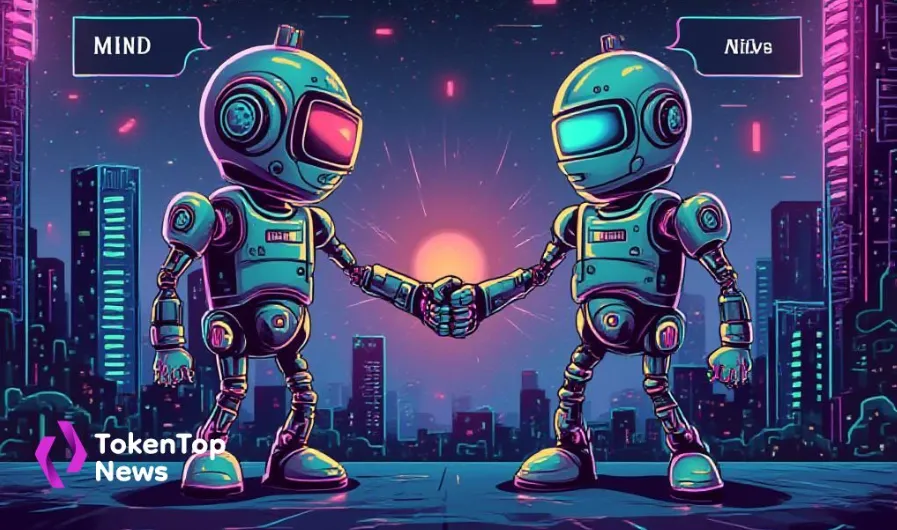 Futuristic robots representing Mind Network and BytePlus shaking hands against a digital city backdrop, symbolizing AI partnership