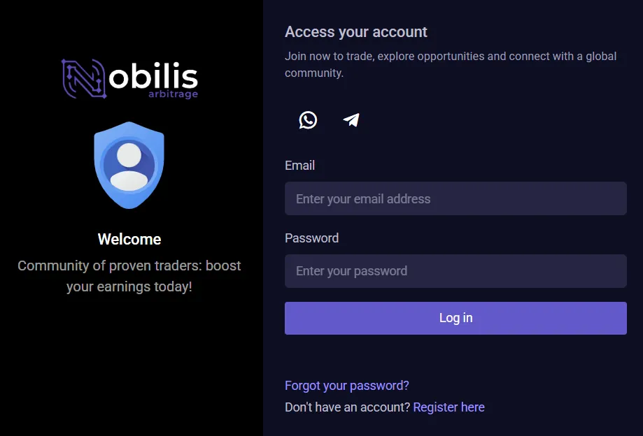 Nobilis Arbitrage login interface with email and password fields, secure access message, and register prompt