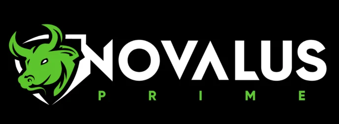 Logo of NovalusPrime featuring a green bull icon and bold white text on a black background.