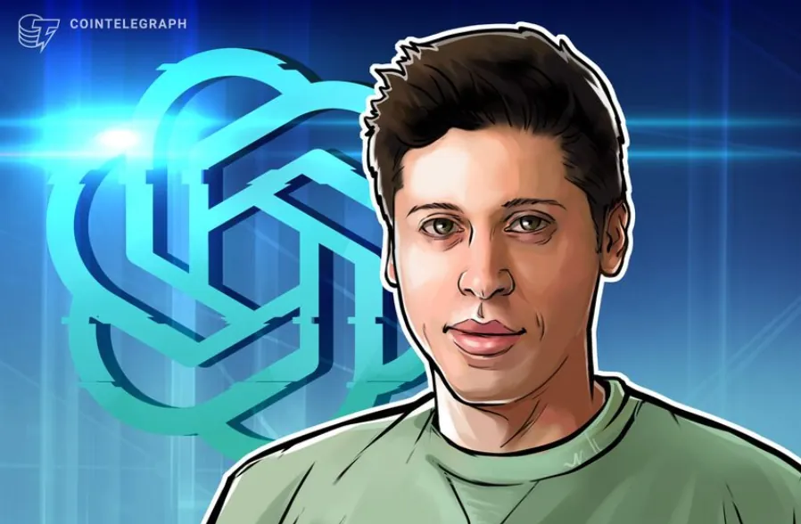 Digital illustration of an OpenAI leader with neural network logo background in Cointelegraph style