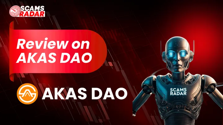 Scams Radar review on AKAS DAO with a robot mascot and graph visuals, analyzing the platform's risks.