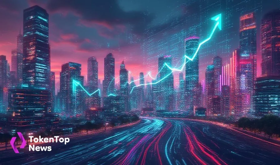 Futuristic city with upward trading graph representing record trading volumes on perpetual DEX platforms