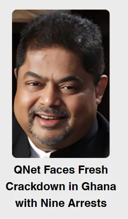 QNet leader's image with news headline about nine arrests during fresh crackdown in Ghana