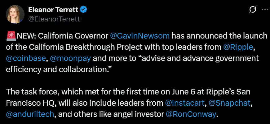 California Governor Gavin Newsom announces Ripple's participation in the California Breakthrough Project to enhance government efficiency.