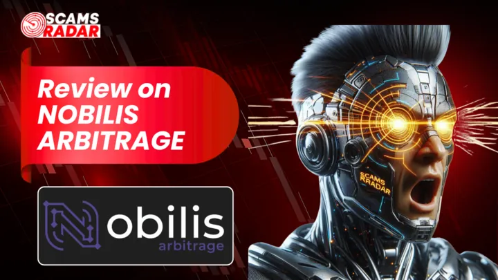 Cyber-style ScamsRadar review image of Nobilis Arbitrage with glowing-eyed character and logo