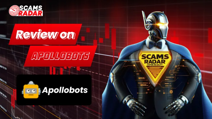 ScamsRadar review image featuring a robot in a suit with the ApolloBots logo and "Review on ApolloBots