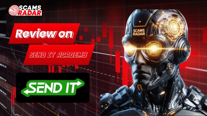ScamsRadar robot reviewing Send It Academy with red financial chart background