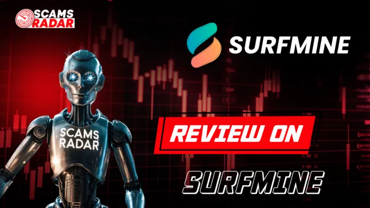 Scams Radar robot reviewing SurfMine with financial chart background and warning label