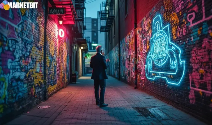 Man in suit admiring blockchain-themed neon graffiti in urban alley