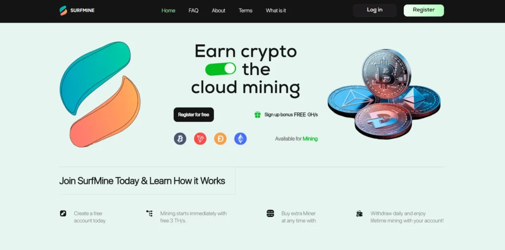 SurfMine homepage promoting free cloud mining with sign-up bonus and crypto earning features