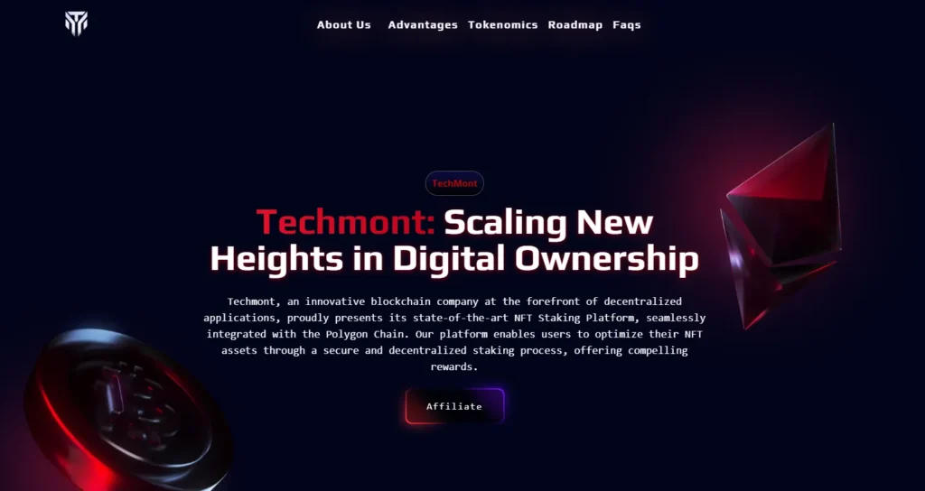 Techmont homepage showcasing blockchain-based NFT staking platform and digital asset ownership features