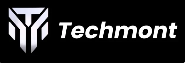 Techmont logo featuring a metallic emblem and bold company name on a black background