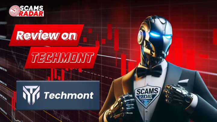 Techmont scam review cover with robot in tuxedo, red trading chart background, and ScamsRadar branding