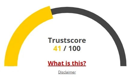 Gauge showing Techmont trust score as 41 out of 100, indicating caution for users