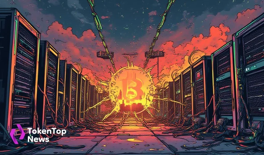 Bitcoin mining data center with power disruption visuals symbolizing Texas grid issues and mining output drop