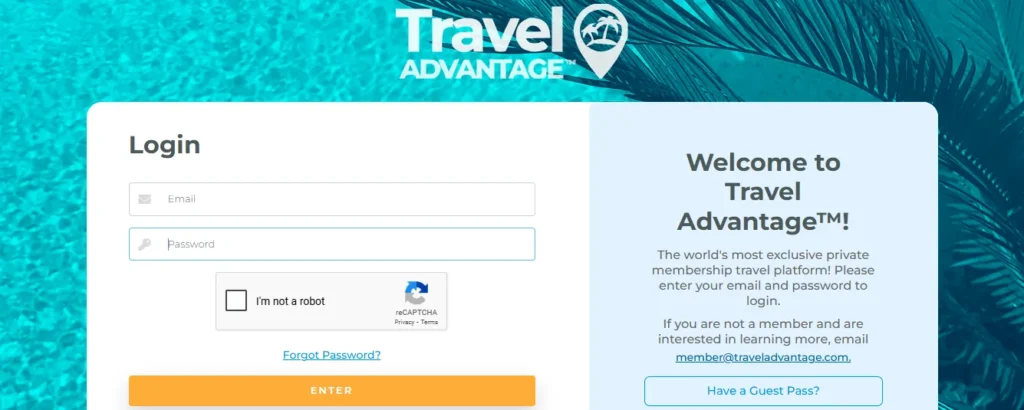 Login screen of Travel Advantage showing member login form and welcome text