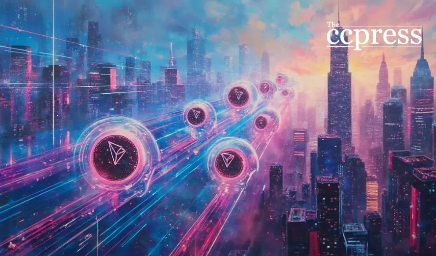 TRON USDT coins reshaping the stablecoin market in a futuristic city skyline