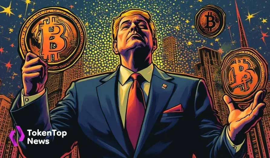 Illustration of Donald Trump holding Bitcoin coins in a futuristic cityscape, symbolizing political influence in cryptocurrency