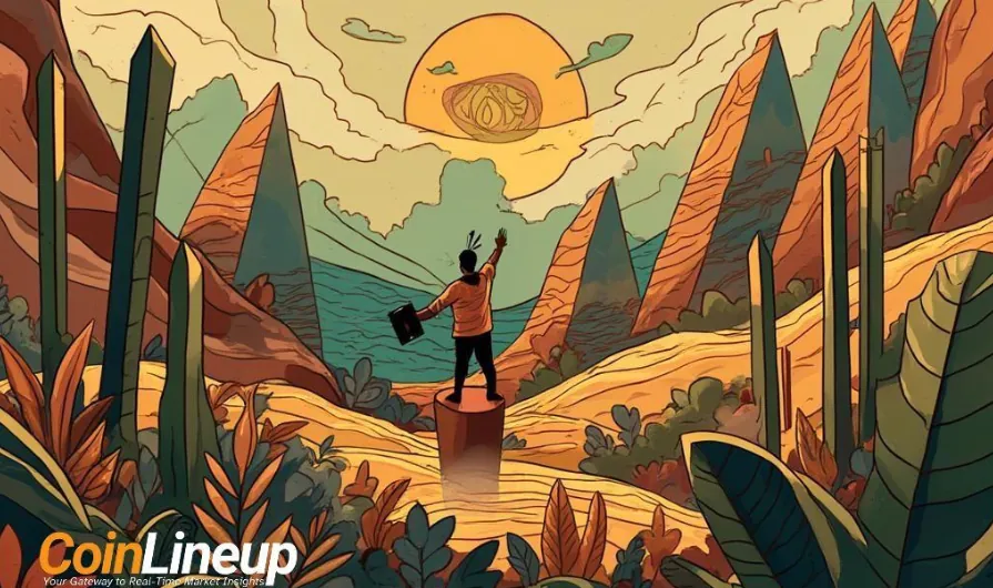 Man with briefcase raising hand toward crypto sun over mountains