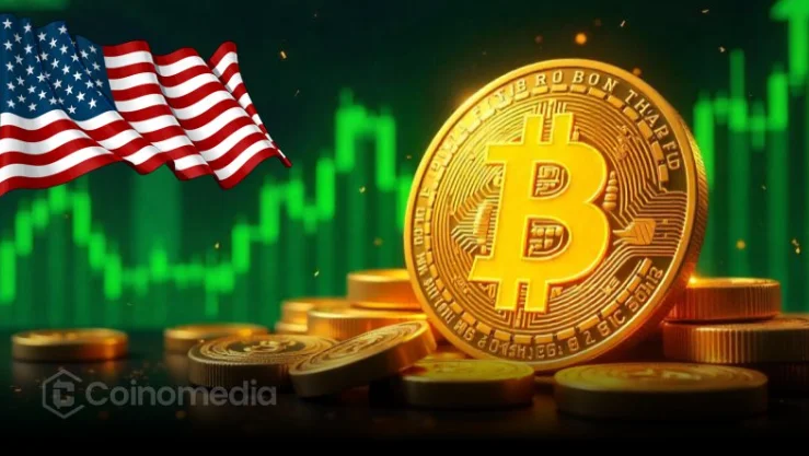 US flag and Bitcoin coin with green chart background, representing government’s $23.5B BTC stash and market influence