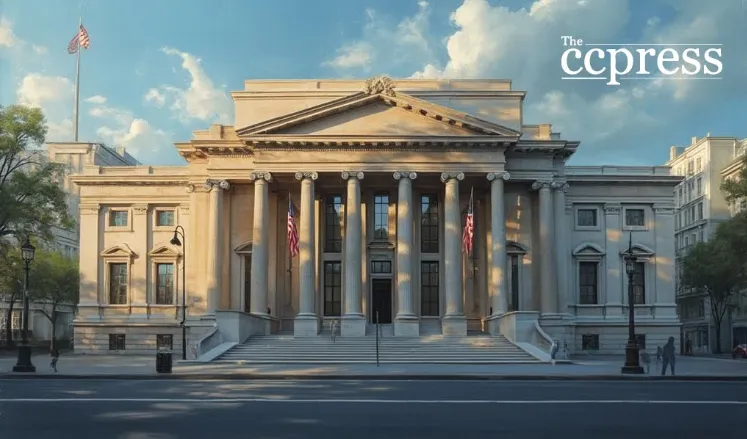 Historic U.S. trust bank building with American flags and neoclassical architecture under a blue sky.
