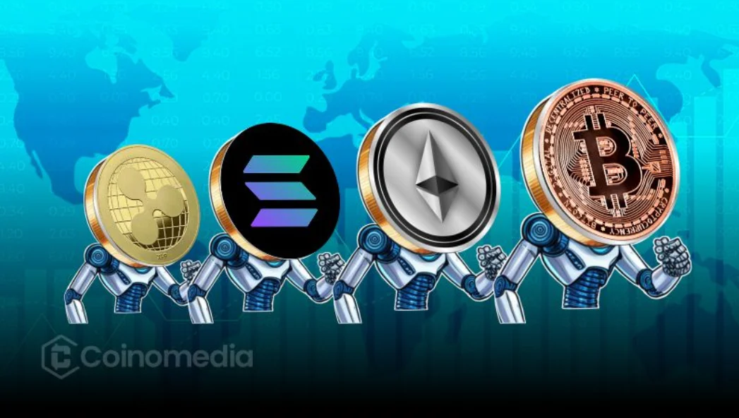 Altcoins like XRP, Solana, Ethereum, and Bitcoin led by robotic arms against a rising backdrop, symbolizing market shift from USDT