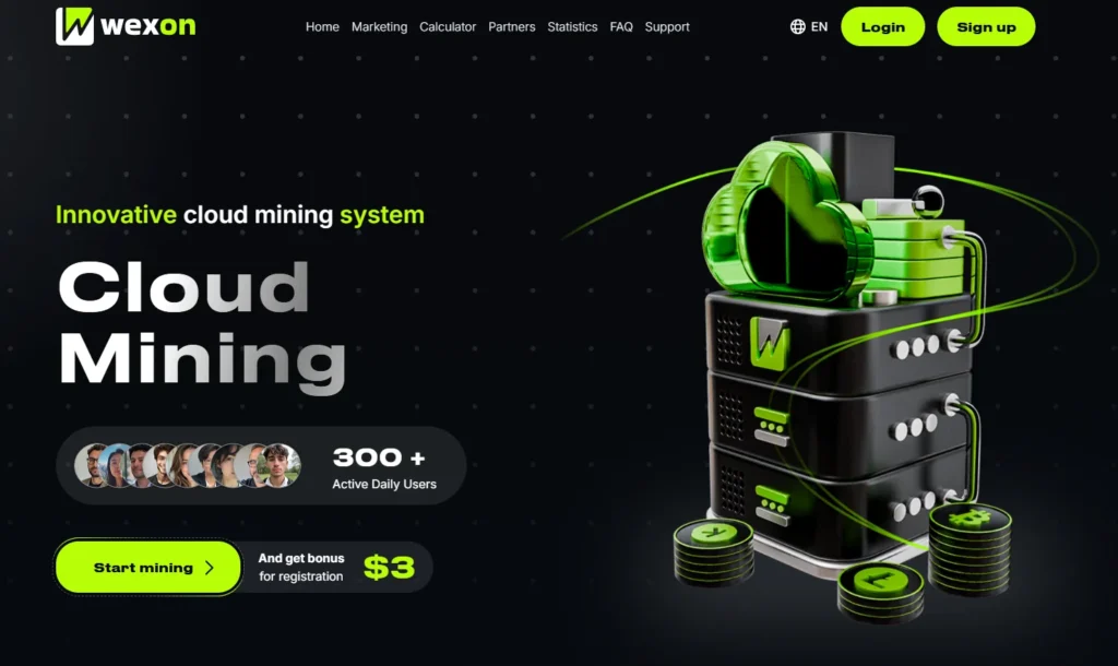 Screenshot of Wexon’s cloud mining platform featuring server visuals, $3 bonus offer, and active users