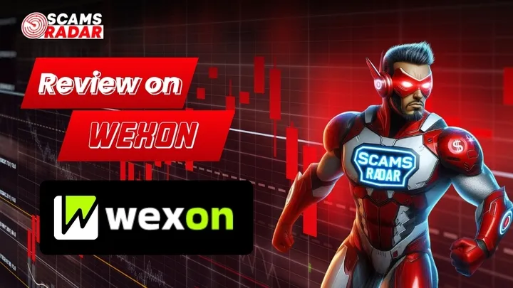 Wexon scam review with superhero wearing ScamsRadar logo and red market chart background