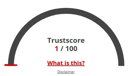 Wexon trust score showing 1 out of 100 on a red danger-level gauge, indicating extreme risk