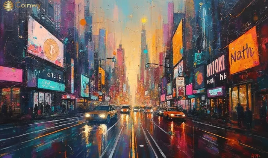 Futuristic city street with crypto billboards and cars under neon lights, symbolizing crypto market trends and public awareness