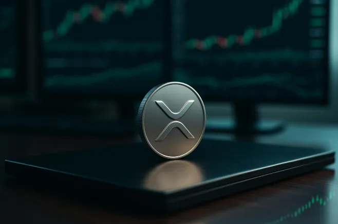 XRP coin placed on a laptop with trading charts in background, symbolizing record-breaking XRP Ledger transactions