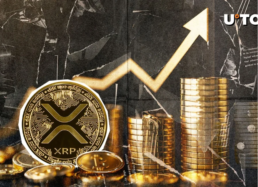 Golden XRP coin with rising arrow and stacked coins, representing a 142.97% open interest surge and bullish market anticipation