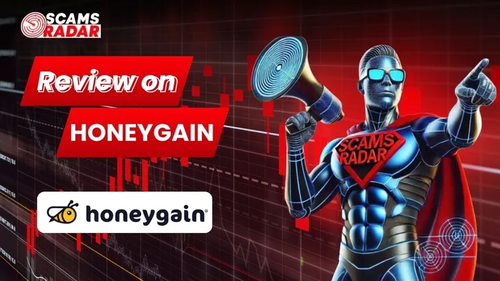 Honeygain review image with ScamsRadar branding and Honeygain logo.
