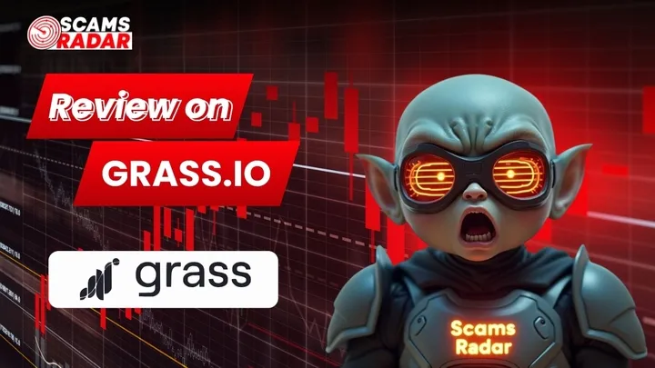 Grass.io review image with ScamsRadar branding, featuring a futuristic character and the Grass logo.