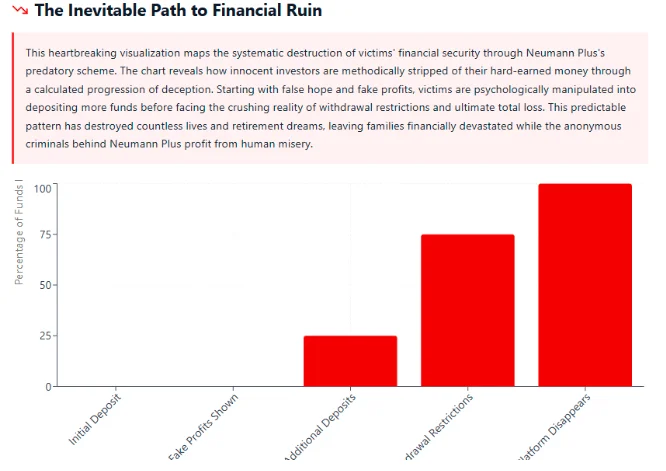 A chart depicting the systematic destruction of financial security through Neumann Plus, showing the progression from initial deposits to funds disappearing.
