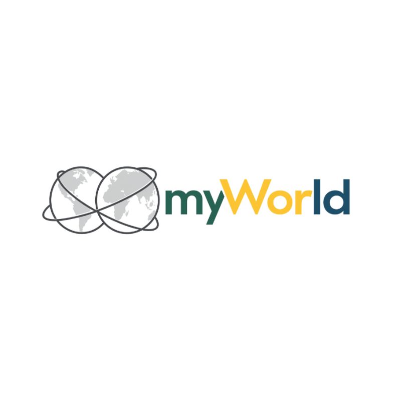 myWorld logo showing twin globes and multicolored company name on white background
