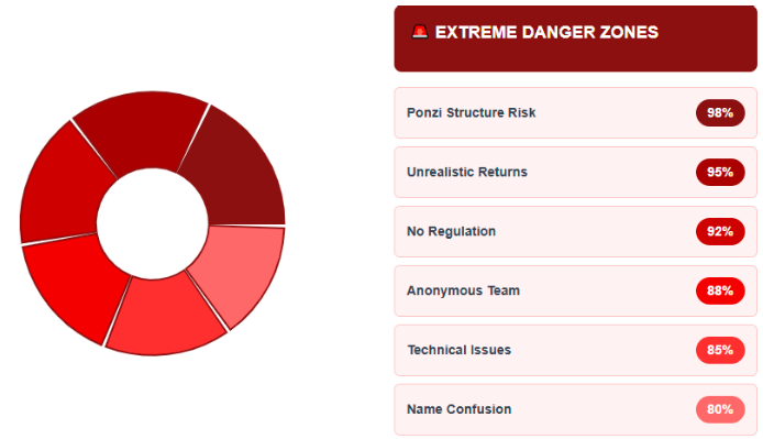 A chart showing the extreme danger zones for a platform, including high risks like Ponzi structure (98%), unrealistic returns (95%), and anonymous team (88%).