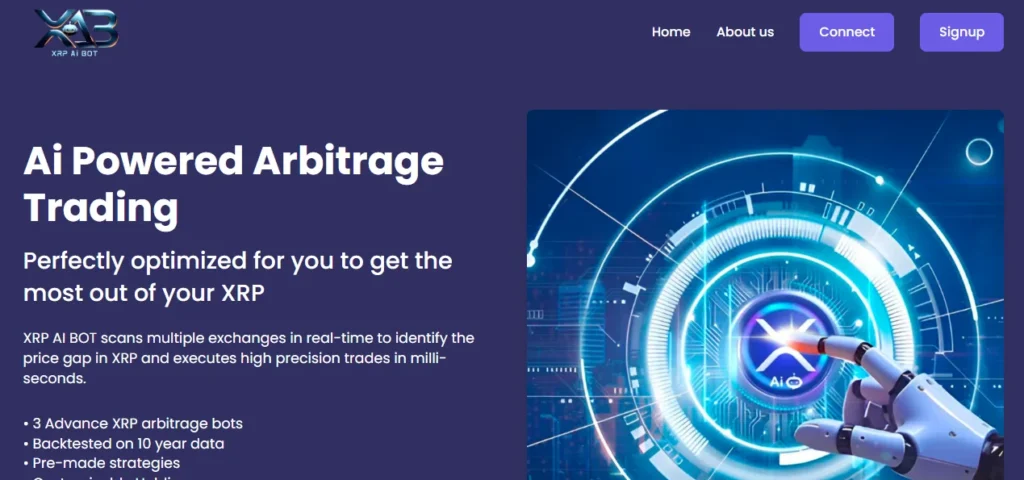 Image showing the XRP AI BOT platform, highlighting its AI-powered trading system for XRP with advanced bots, backtesting, and pre-made strategies.