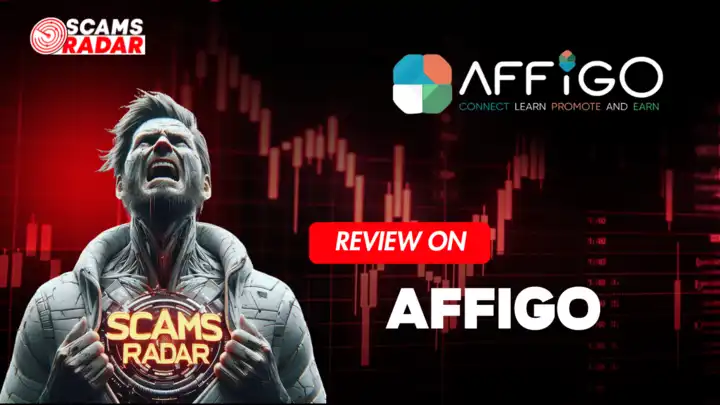 Affigo Review YouTube Thumbnail featuring Scams Radar and data charts