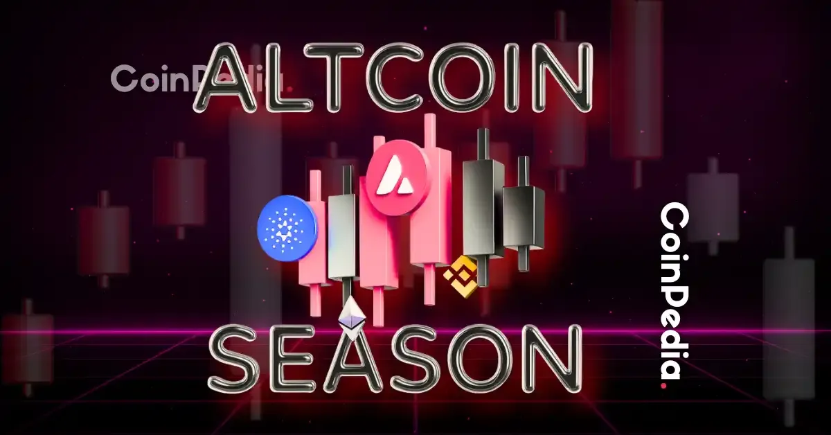 Altcoin season graphic with various cryptocurrency logos and candlestick charts
