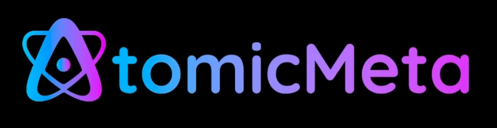 Atomic Meta official logo with gradient blue and purple text on black background